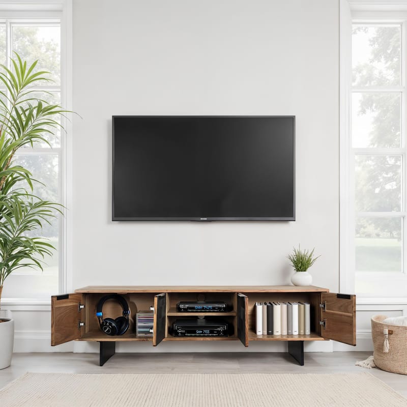 Olvian TV-bänk 150 cm i massivt akaciaträ med fronter i stenlook och metall - Möbler - TV- & Mediamöbler - TV bänk & mediabänk