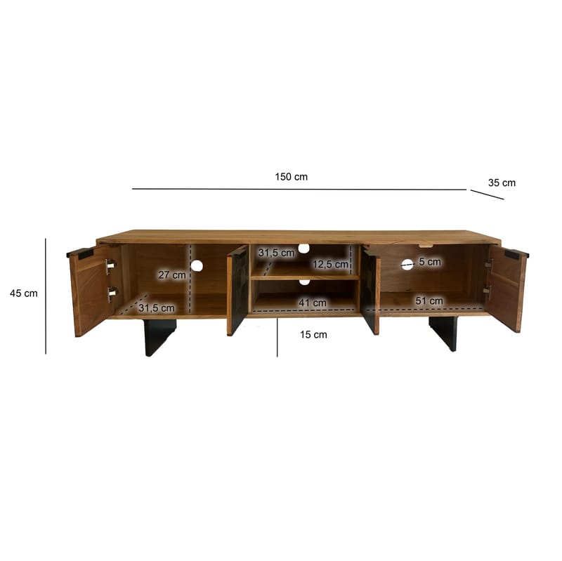 Olvian TV-bänk 150 cm i massivt akaciaträ med fronter i stenlook och metall - Möbler - TV- & Mediamöbler - TV bänk & mediabänk
