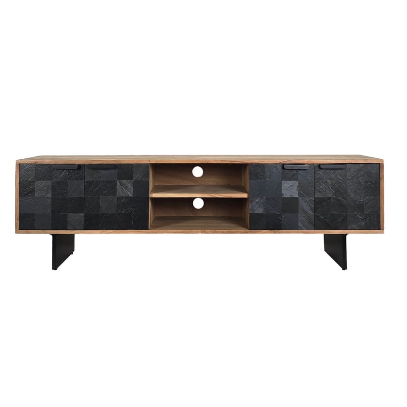 Olvian TV-bänk 150 cm i massivt akaciaträ med fronter i stenlook och metall - Möbler - TV- & Mediamöbler - TV bänk & mediabänk