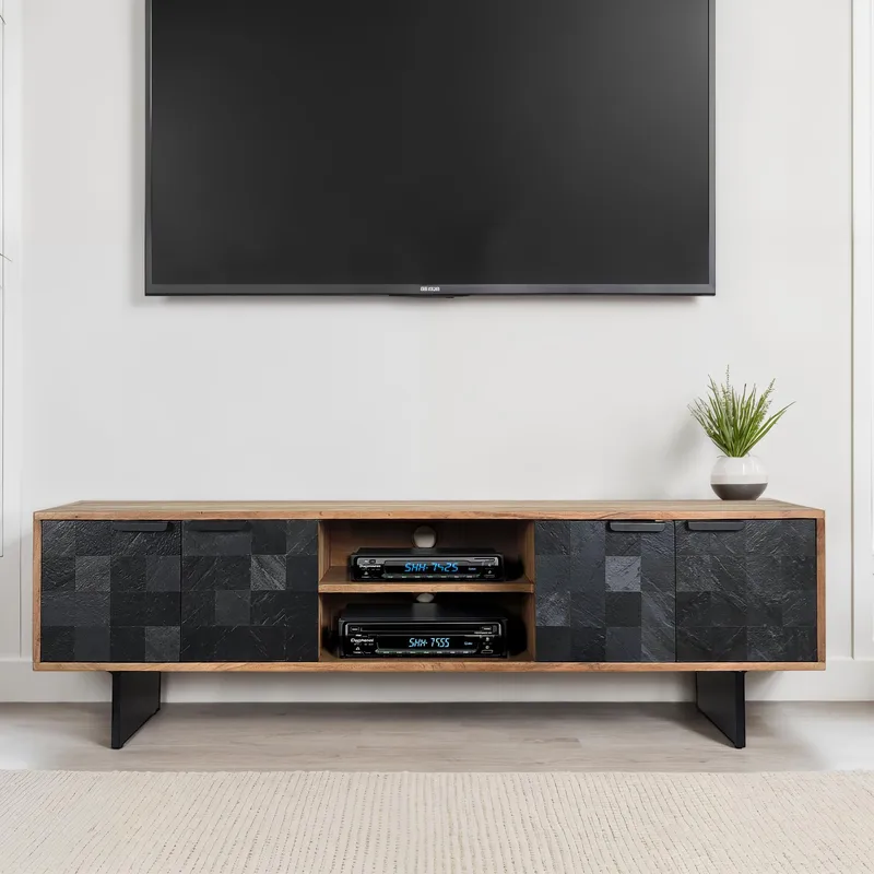 Olvian TV-bänk 150 cm i massivt akaciaträ med fronter i stenlook och metall - Möbler - TV- & Mediamöbler - TV bänk & mediabänk