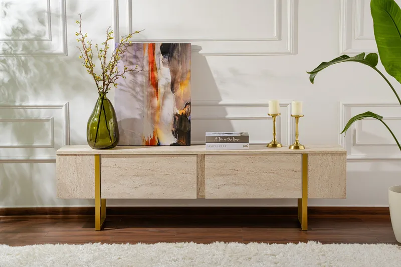 Serenity Tv-bänk 180x30 cm - Travertin/Guld - Möbler - TV- & Mediamöbler - TV bänk & mediabänk