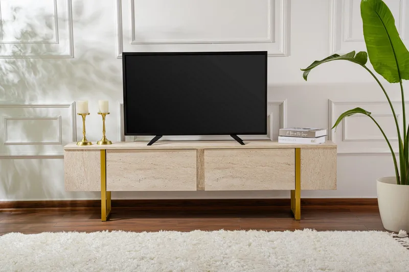 Serenity Tv-bänk 180x30 cm - Travertin/Guld - Möbler - TV- & Mediamöbler - TV bänk & mediabänk