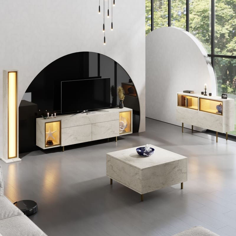 Sosan TV-bänk 180x55x32 cm - Travertin och guld - Möbler - TV- & Mediamöbler - TV bänk & mediabänk