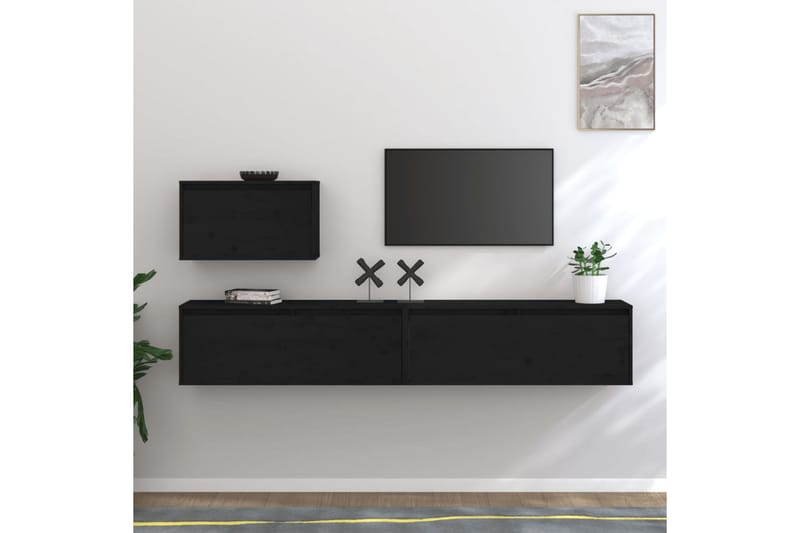 Tv-bänk 3 delar svart massiv furu - Svart - TV bänk & mediabänk