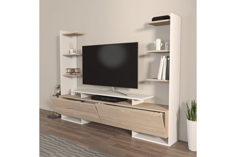 TV-bänk Akdere Vit / Ek - Mediumfärgat trä/Vit - Möbler - TV- & Mediamöbler - TV bänk & mediabänk