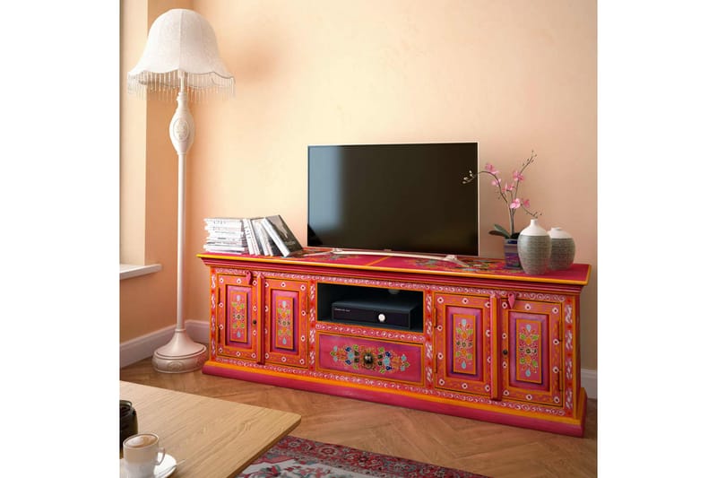 TV-bänk massivt mangoträ rosa handmålad - Flerfärgad - TV bänk & mediabänk