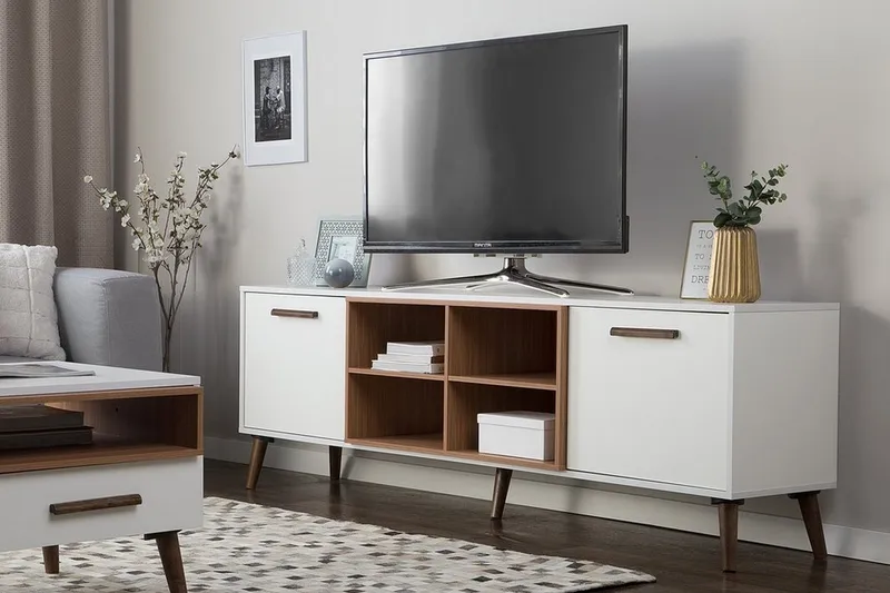 Alloa Golvstående TV Bänk 180 cm med Förvaring i Ljust Trä - Vit - Möbler - TV- & Mediamöbler - TV bänk & mediabänk