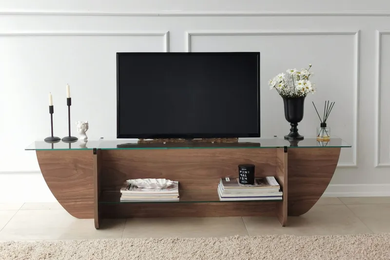 Andifli Golvstående TV-bänk 158 cm med Förvaring i Trä med Glasskiva - Brun - Möbler - TV- & Mediamöbler - TV bänk & mediabänk