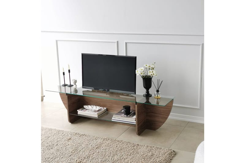 Andifli Golvstående TV-bänk 158 cm med Förvaring i Trä med Glasskiva - Brun - Möbler - TV- & Mediamöbler - TV bänk & mediabänk