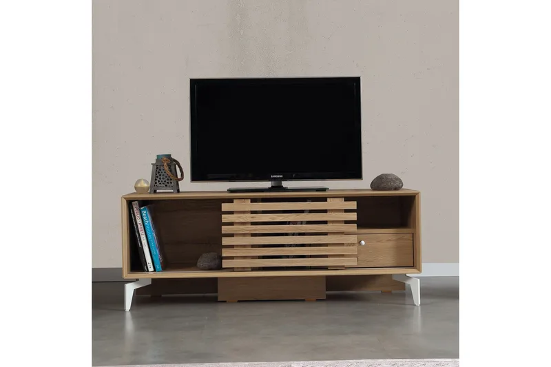 Comfortale Golvstående TV Bänk 125 cm med Förvaring i Ljust Trä - Brun - Möbler - TV- & Mediamöbler - TV bänk & mediabänk