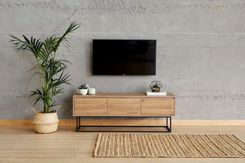 Degerfors Golvstående TV Bänk 140 cm med Förvaring i Ljust Trä - Brun - Möbler - TV- & Mediamöbler - TV bänk & mediabänk