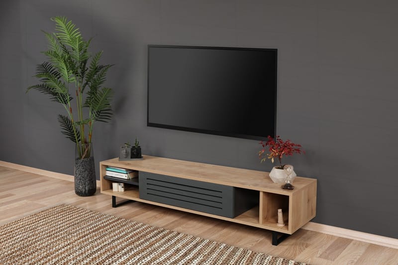Gersby Golvstående TV Bänk 160 cm med Förvaring i Ljust Trä - Grå|Beige - Möbler - TV- & Mediamöbler - TV bänk & mediabänk