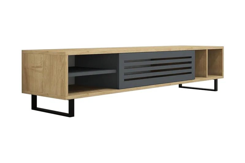 Gersby Golvstående TV Bänk 160 cm med Förvaring i Ljust Trä, Grå|Beige
