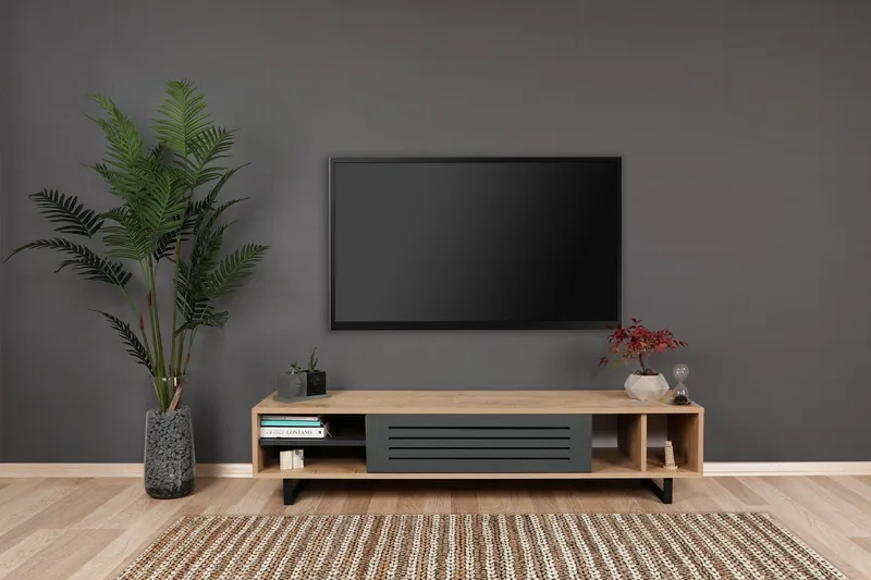 Gersby Golvstående TV Bänk 160 cm med Förvaring i Ljust Trä - Grå|Beige - Möbler - TV- & Mediamöbler - TV bänk & mediabänk