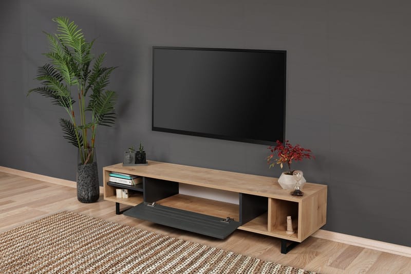 Gersby Golvstående TV Bänk 160 cm med Förvaring i Ljust Trä - Grå|Beige - Möbler - TV- & Mediamöbler - TV bänk & mediabänk