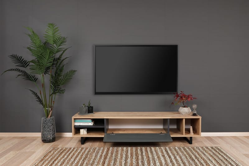 Gersby Golvstående TV Bänk 160 cm med Förvaring i Ljust Trä - Grå|Beige - Möbler - TV- & Mediamöbler - TV bänk & mediabänk