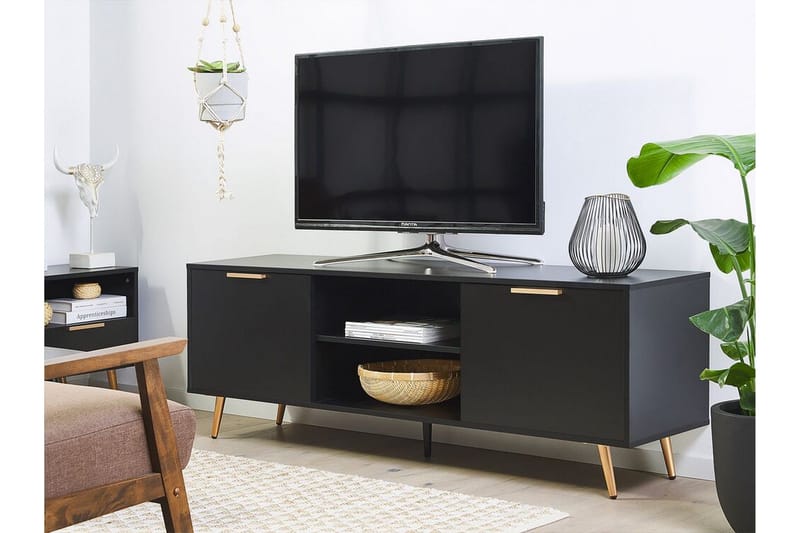Indio Golvstående TV-bänk 166 cm med Förvaring i Trä med Metallben - Svart - Möbler - TV- & Mediamöbler - TV bänk & mediabänk