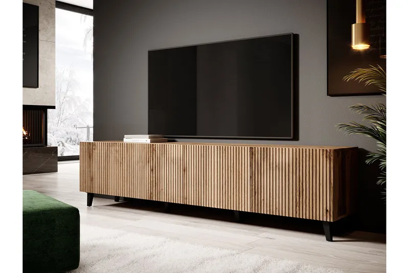 Juniskär Ribbad TV Bänk i trä med förvaring - 40 cm djup 200 cm bred 49 cm hög - Ek / Svart / Trä / Ribbad - Möbler - TV- & Mediamöbler - TV bänk & mediabänk