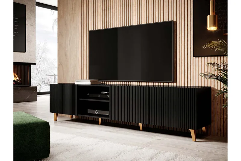 Juniskär Tv bänk med Förvaring + Hyllor 40x52x200 - Svart / Brun / Ribbad - Möbler - TV- & Mediamöbler - TV bänk & mediabänk