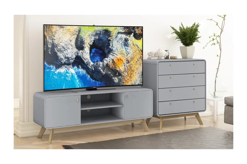 Olivet TV Bänk Rektangulär 140 cm med Förvaring i Målat Trä - Grå - Möbler - TV- & Mediamöbler - TV bänk & mediabänk