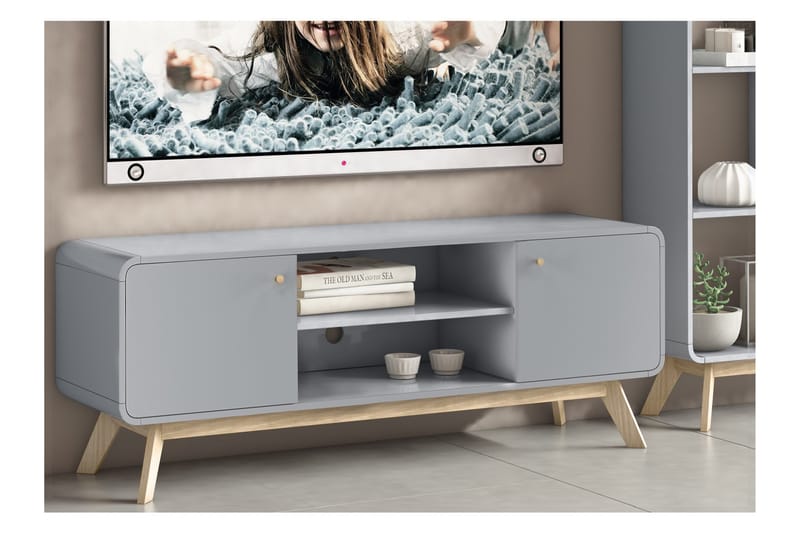 Olivet TV Bänk Rektangulär 140 cm med Förvaring i Målat Trä - Grå - Möbler - TV- & Mediamöbler - TV bänk & mediabänk