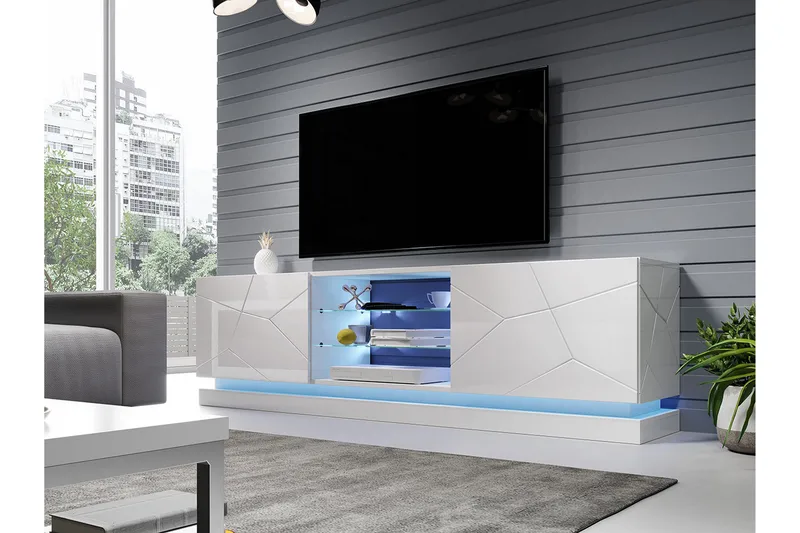 Qiu Tv-bänk 200 cm - Vit / Högglans / Glas - Möbler - TV- & Mediamöbler - TV bänk & mediabänk