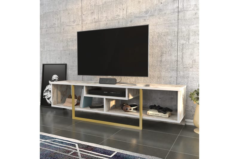 Rinorea Golvstående TV Bänk 150 cm i Trä med Metallunderrede och Förvaring - Vit - Möbler - TV- & Mediamöbler - TV bänk & mediabänk