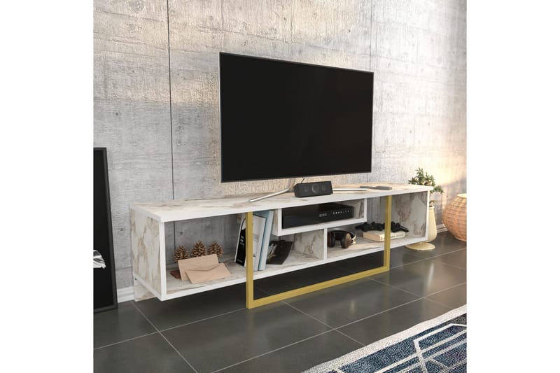Rinorea Golvstående TV Bänk 150 cm i Trä med Metallunderrede och Förvaring - Vit - Möbler - TV- & Mediamöbler - TV bänk & mediabänk