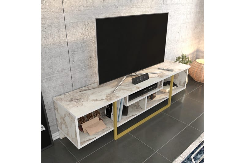 Rinorea Golvstående TV Bänk 150 cm i Trä med Metallunderrede och Förvaring - Vit - Möbler - TV- & Mediamöbler - TV bänk & mediabänk
