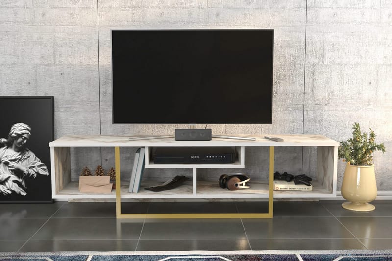 Rinorea Golvstående TV Bänk 150 cm i Trä med Metallunderrede och Förvaring - Vit - Möbler - TV- & Mediamöbler - TV bänk & mediabänk