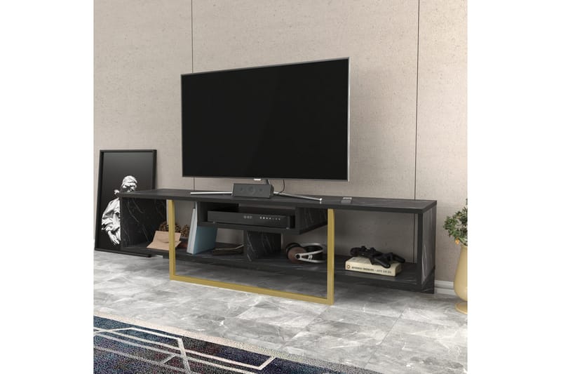 Rinorea Golvstående Tv Bänk 150 cm med Förvaring i Målat Trä med gulddetaljer - Svart - Möbler - TV- & Mediamöbler - TV bänk & mediabänk