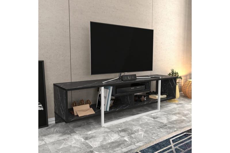 Rinorea Golvstående Tv Bänk 150 cm med Förvaring i Målat Trä och marmorutseende - Svart - Möbler - TV- & Mediamöbler - TV bänk & mediabänk