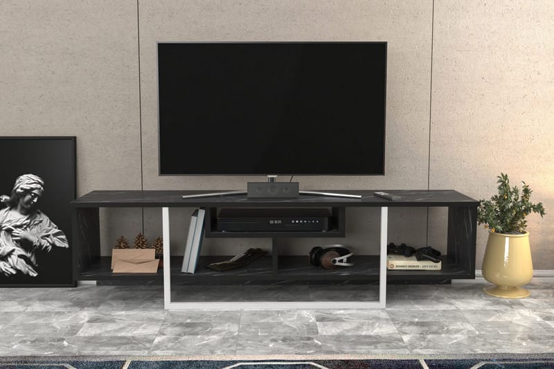 Rinorea Golvstående Tv Bänk 150 cm med Förvaring i Målat Trä och marmorutseende - Svart - Möbler - TV- & Mediamöbler - TV bänk & mediabänk