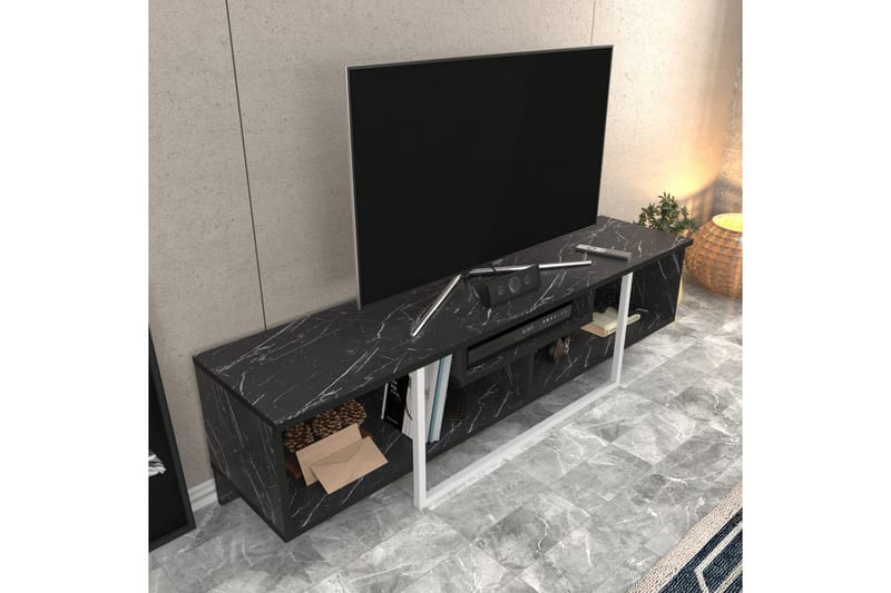 Rinorea Golvstående Tv Bänk 150 cm med Förvaring i Målat Trä och marmorutseende - Svart - Möbler - TV- & Mediamöbler - TV bänk & mediabänk