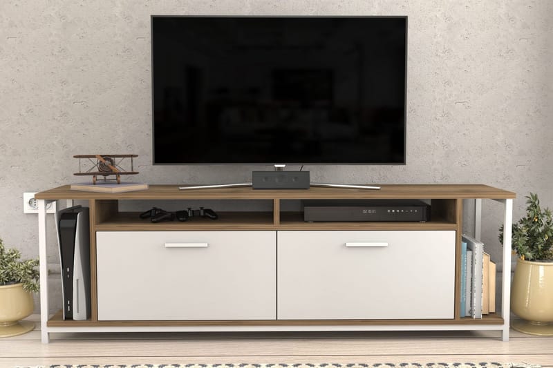 Rinorea Golvstående Tv Bänk 160 cm med Förvaring i Målat Trä - Vit|Brun - Möbler - TV- & Mediamöbler - TV bänk & mediabänk