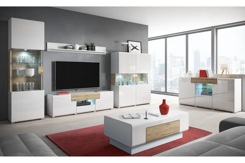 Saran TV-bänk 208 cm - Ek/Vit högglans - Möbler - TV- & Mediamöbler - TV bänk & mediabänk