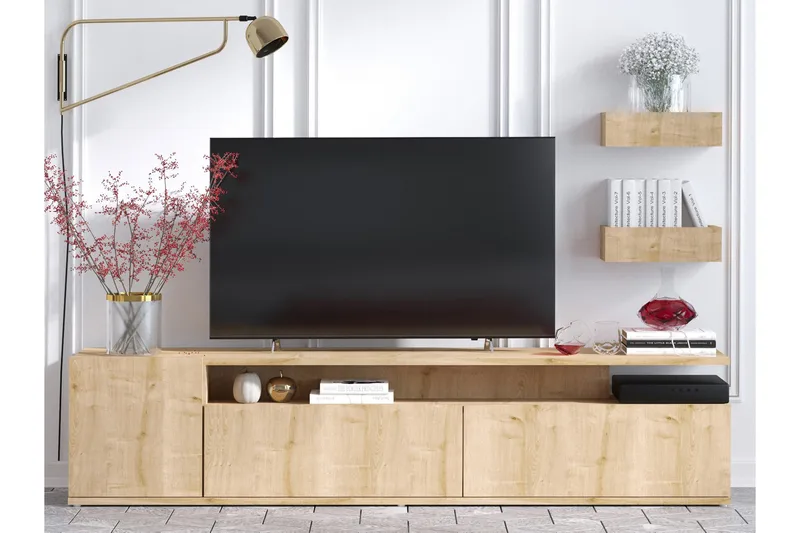 Sinox Golvstående TV Bänk 180 cm med Förvaring i Målat Trä, Ljusbrun