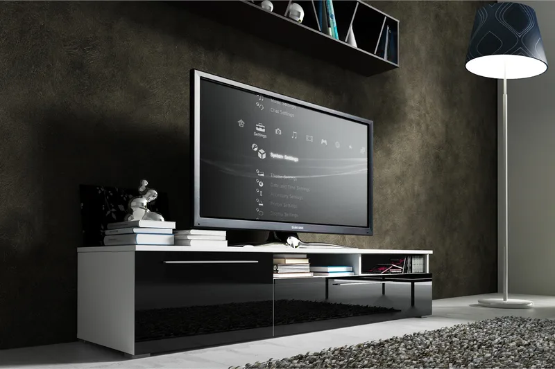 Stockend Golvstående TV Bänk 150 cm med Förvaring i Målat Trä med högglans utseende - Svart - Möbler - TV- & Mediamöbler - TV bänk & mediabänk