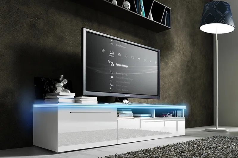 Stockend Golvstående TV Bänk 150 cm med Förvaring i Målat Trä, Vit