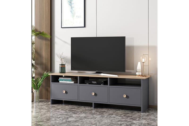 Tv-bänk 150 cm 3 Skåp 3 Hyllor - Antracit/Natur - Möbler - TV- & Mediamöbler - TV bänk & mediabänk