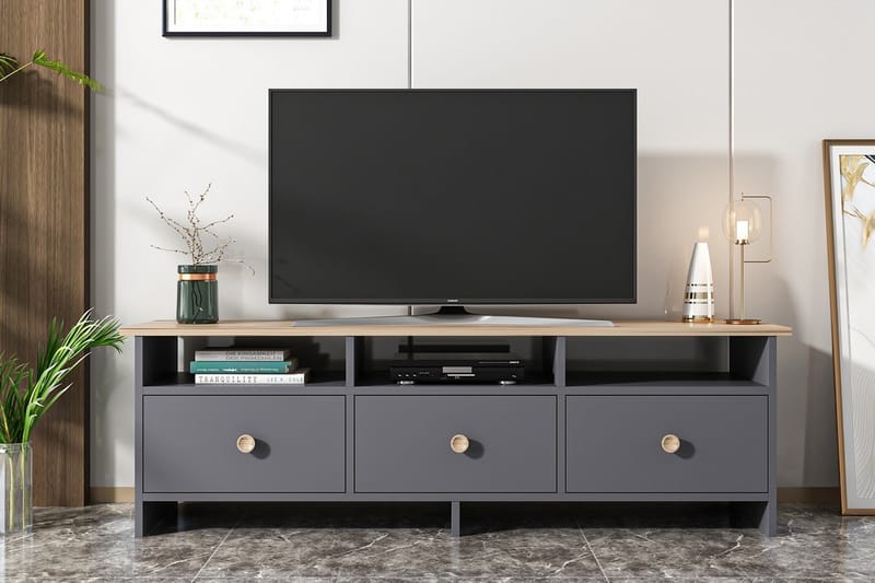 Tv-bänk 150 cm 3 Skåp 3 Hyllor - Antracit/Natur - Möbler - TV- & Mediamöbler - TV bänk & mediabänk