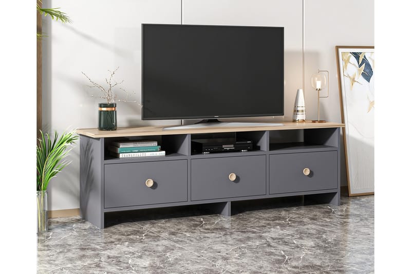 Tv-bänk 150 cm 3 Skåp 3 Hyllor - Antracit/Natur - Möbler - TV- & Mediamöbler - TV bänk & mediabänk