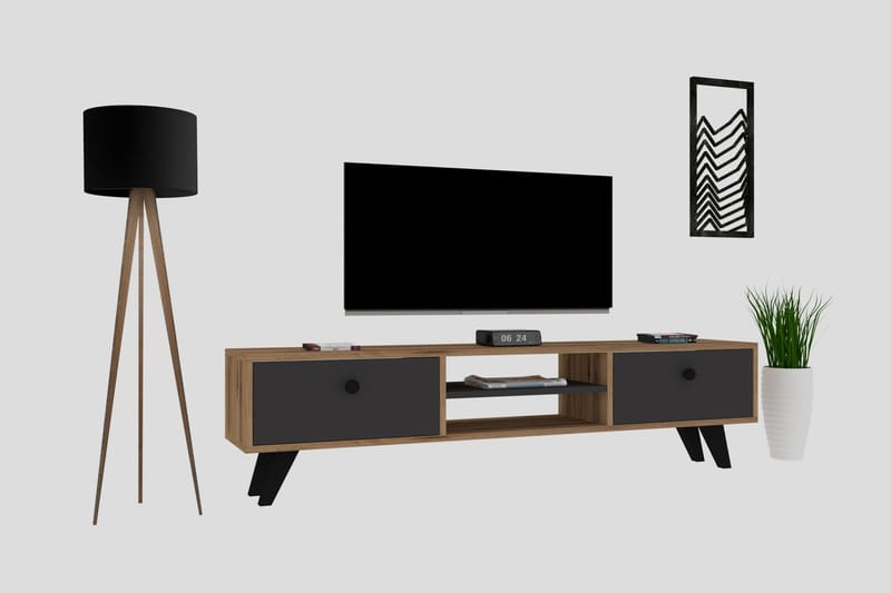 Tv-bänk 160 cm 2 Skåp 2 Hyllor - Natur/Antracit - Möbler - TV- & Mediamöbler - TV bänk & mediabänk