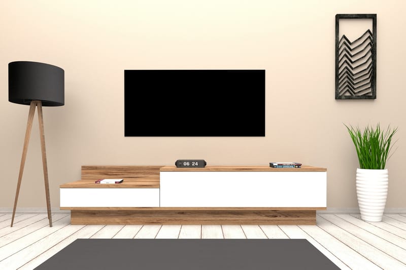 Tv-bänk 160 cm 2 Skåp - Vit/Natur - TV bänk & mediabänk