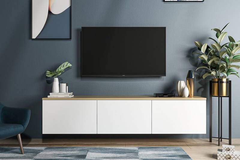 Tv-bänk 160 cm 3 Skåp - Vit/Natur - TV bänk & mediabänk
