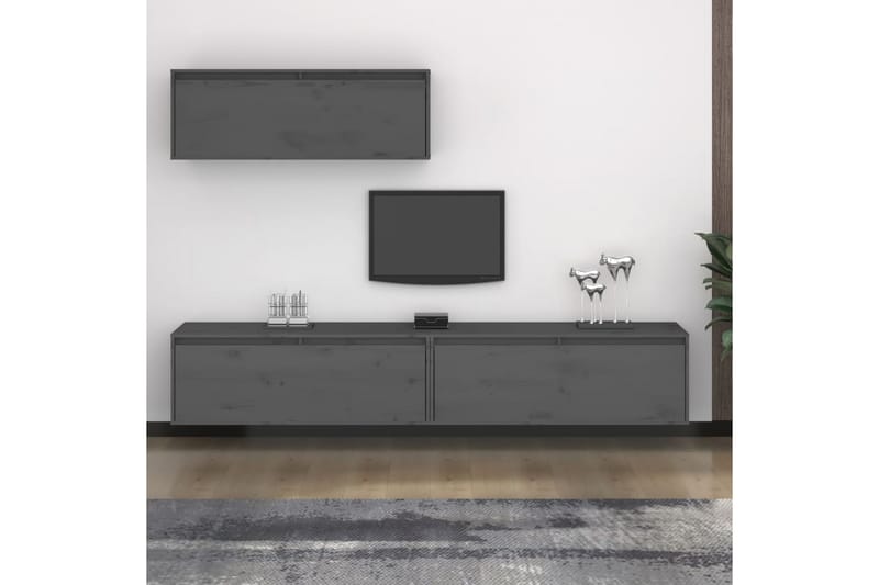 Tv-bänk 3 st grå massiv furu - Grå - TV bänk & mediabänk