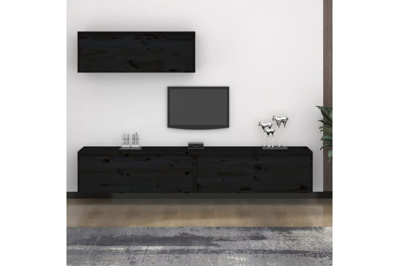 Tv-bänk 3 st svart massiv furu - Svart - TV bänk & mediabänk