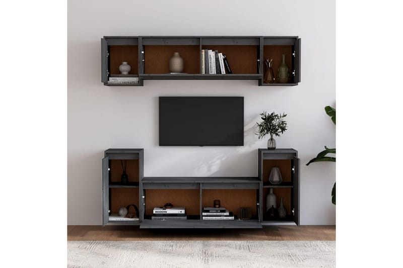 Tv-bänk 6 st grå massiv furu - Grå - TV bänk & mediabänk