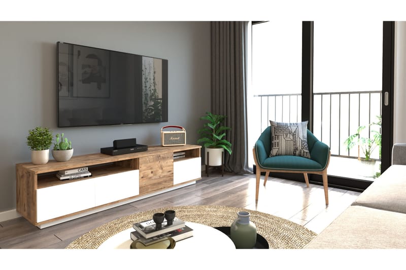 Tv-bänk Calrin 180 cm 2 Hyllor - Natur/Vit - Möbler - TV- & Mediamöbler - TV bänk & mediabänk