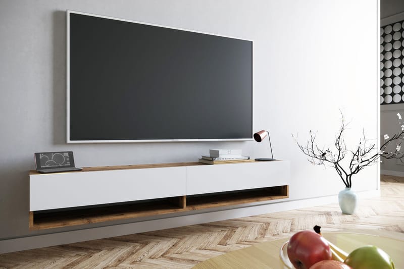 Tv-bänk Calrin 180 cm 2 Hyllor, Vit/Natur